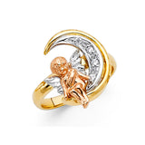 14K Tricolor Gold Guardian Angel and Moon Ring on White Background