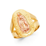 14K Two-Tone Gold Our Lady of Guadalupe Signet Ring on White Background