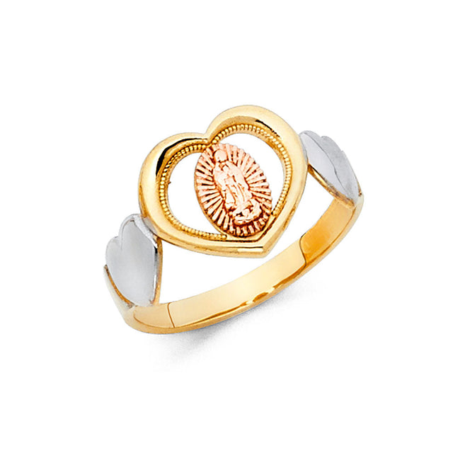 14K Tri-Color Gold Open Heart Frame Guadalupe Ring