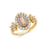 14K Tri-Color Gold Halo & Floral-Shoulder Guadalupe Ring