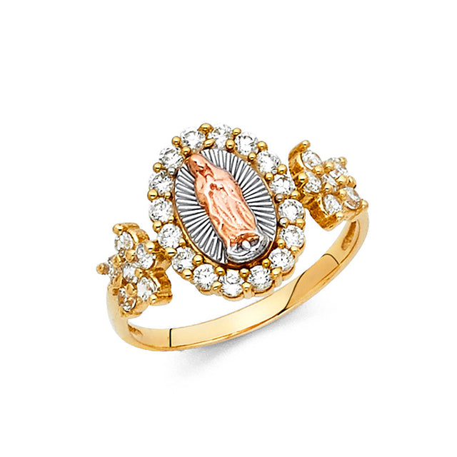 14K Tri-Color Gold Halo & Floral-Shoulder Guadalupe Ring