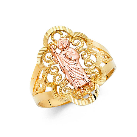 14K Tri-Color Gold San Judas Tadeo Filigree Oval Ring