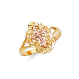 14K Two-Tone Gold Filigree Oval Budded Cross Ring