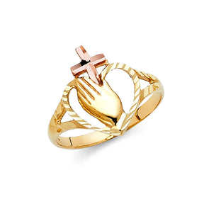 14K Two-Tone Gold Praying Hands and Cross Ring