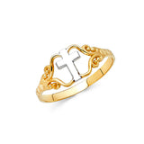 14K Two-Tone Gold Beaded Scroll Cross Ring