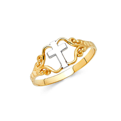 14K Two-Tone Gold Beaded Scroll Cross Ring