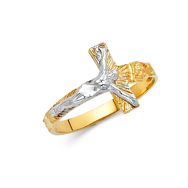 14K Two-Tone White & Yellow Gold Sideways Crucifix Ring