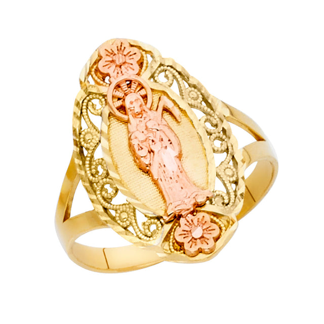 14K Yellow Gold Our Lady of Guadalupe Filigree Ring on White Background