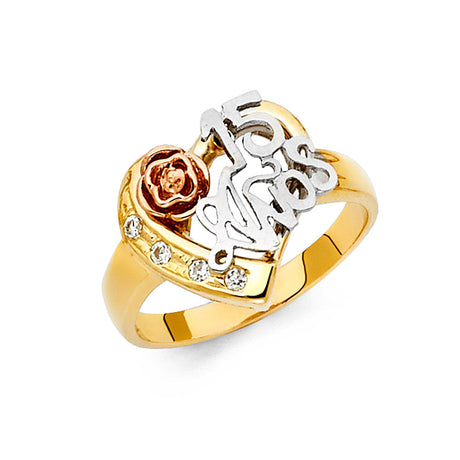 14K Tri-Color Gold Quinceañera 15 Años Rose Heart Ring