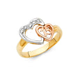 14K Tri-Color Gold Quinceañera 15 Double Heart Ring