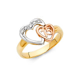 14K Tri-Color Gold Quinceañera 15 Double Heart Ring