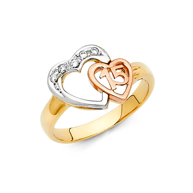 14K Tri-Color Gold Quinceañera 15 Double Heart Ring