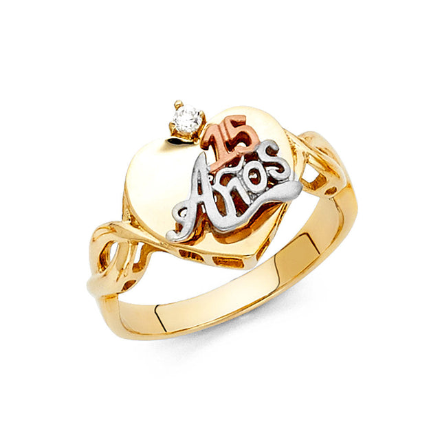 14K Tri-Color Gold Quinceañera 15 Años Heart Ring