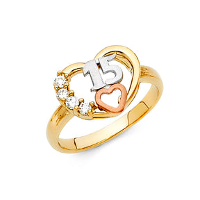 14K Tri-Color Gold Quinceañera 15 Heart Ring