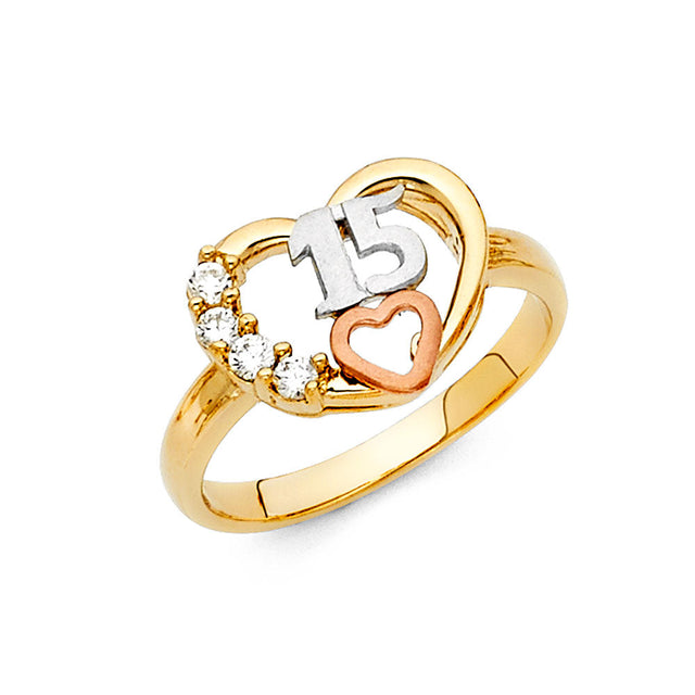 14K Tri-Color Gold Quinceañera 15 Heart Ring
