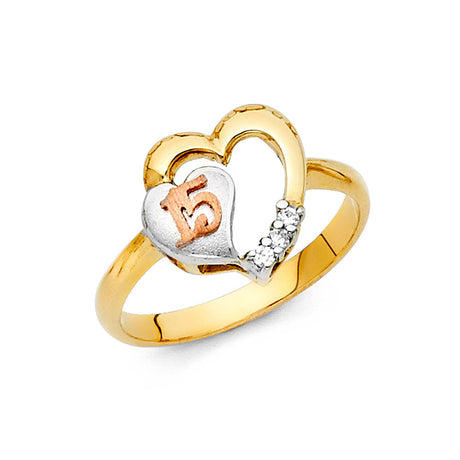 14K Tri-Color Gold Quinceañera 15 Heart Ring
