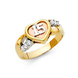 14K Tri-Color Gold Quinceañera 15 Heart Ring