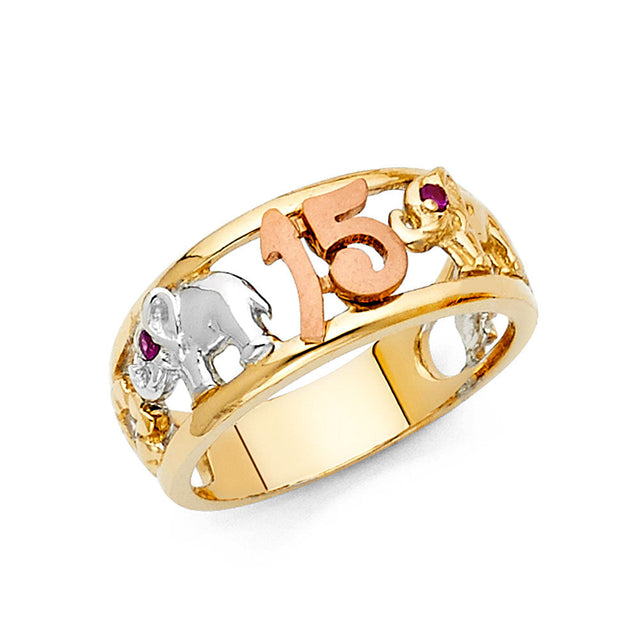 14K Tricolor Gold 15 Años Elephant Ring