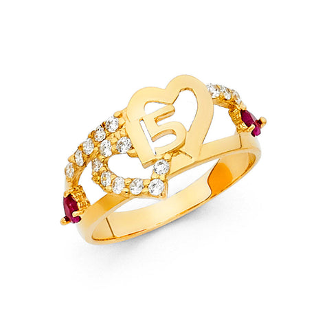 14K Yellow Gold Quinceañera 15 Heart Ring