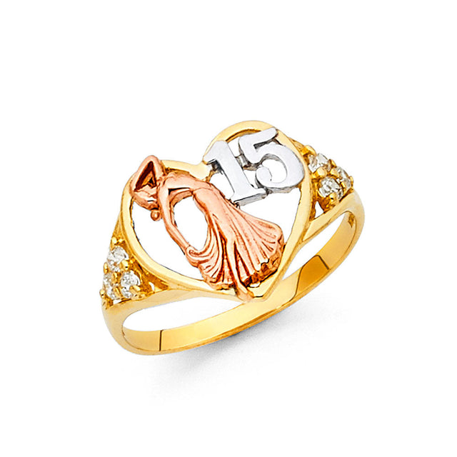 14K Tri-Color Gold Quinceañera 15 Años Doll Ring