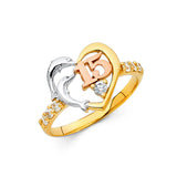 14K Tri-Color Gold Quinceañera 15 Dolphin Heart Ring