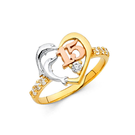 14K Tri-Color Gold Quinceañera 15 Dolphin Heart Ring