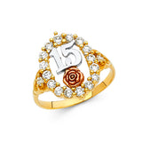 14K Tri-Color Gold Quinceañera 15 Rose Halo Ring