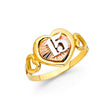 14K Tri-Color Gold Quinceañera 15 Diamond-Cut Heart Ring