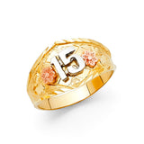 14K Tri-Color Gold Quinceañera 15 Flower Dome Ring