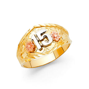 14K Tri-Color Gold Quinceañera 15 Flower Dome Ring