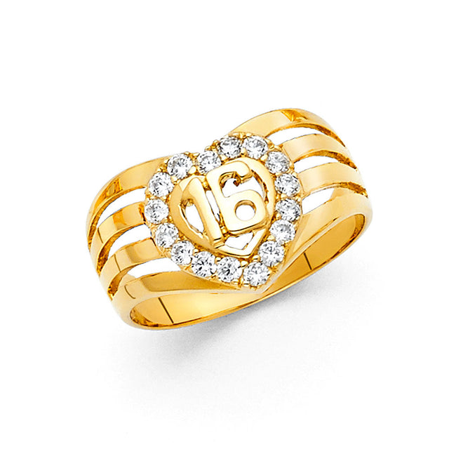 14K Yellow Gold Sweet 16 Heart Halo Ring