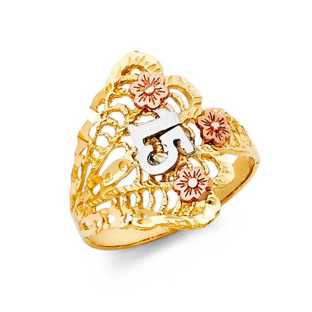 14K Tri-Color Gold Quinceañera 15 Filigree Flower Ring
