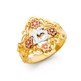 14K Tri-Color Gold Quinceañera 15 Años Flower Ring