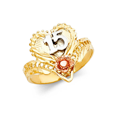 14K Tri-Color Gold Quinceañera 15 Años Heart Ring