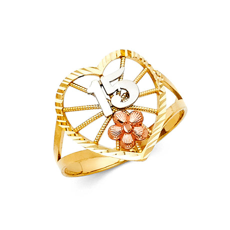14K Tri-Color Gold Quinceañera 15 Años Open Heart Ring