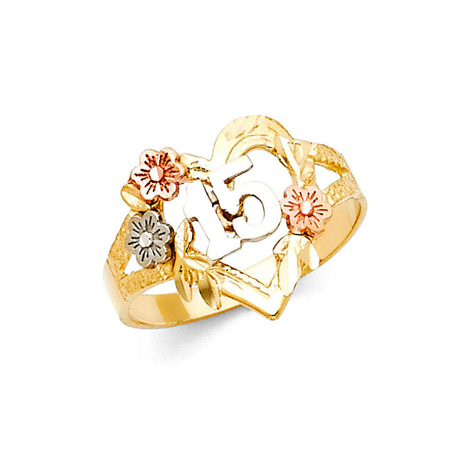 14K Tri-Color Gold Quinceañera 15 Años Heart & Flowers Ring