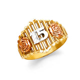 14K Tri-Color Gold Quinceañera 15 Años Rose Ring