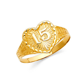 14K Yellow Gold Quinceañera 15 Años Heart Ring