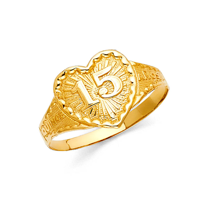 14K Yellow Gold Quinceañera 15 Años Heart Ring