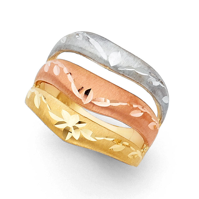 14K Tri-Color Gold Diamond-Cut Band Ring on White Background