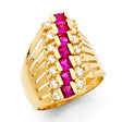 14K Yellow Gold Baguette Simulated Ruby Three-Row Cocktail Ring on White Background