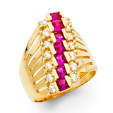 14K Yellow Gold Baguette Simulated Ruby Three-Row Cocktail Ring on White Background