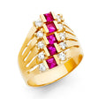 14K Yellow Gold Baguette Simulated Ruby Cocktail Ring on White Background