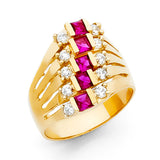 14K Yellow Gold Baguette Simulated Ruby Cocktail Ring on White Background