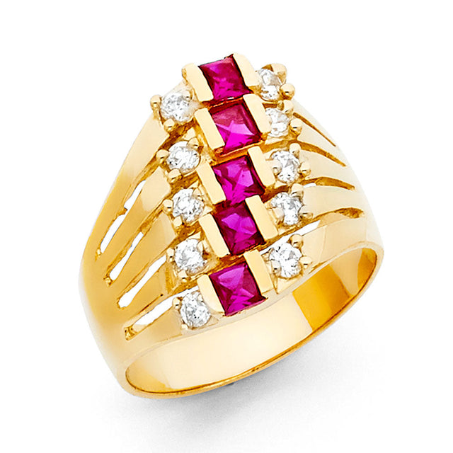 14K Yellow Gold Baguette Simulated Ruby Cocktail Ring on White Background