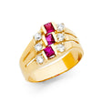 14K Yellow Gold Baguette Simulated Ruby Duo Cocktail Ring on White Background