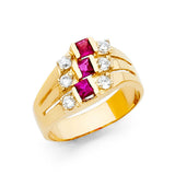 14K Yellow Gold Baguette Simulated Ruby Duo Cocktail Ring on White Background