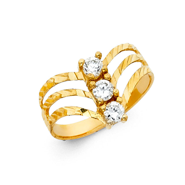 14K Yellow Gold Three-Stone Multi-Row Ring on White Background
