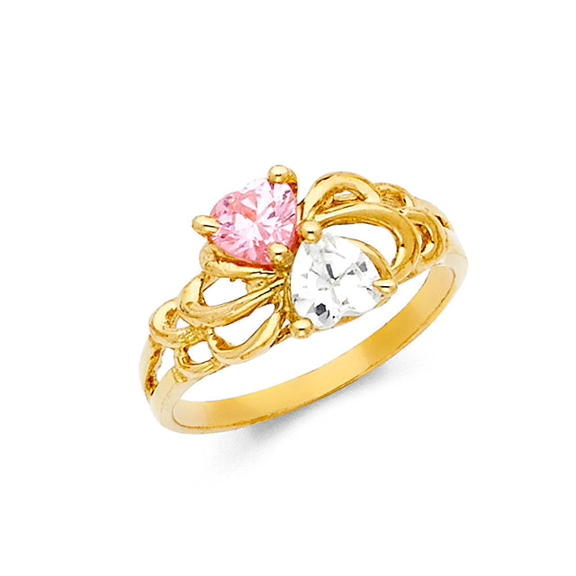 14K Yellow Gold Mother's Twin Heart Birthstone Ring on White Background