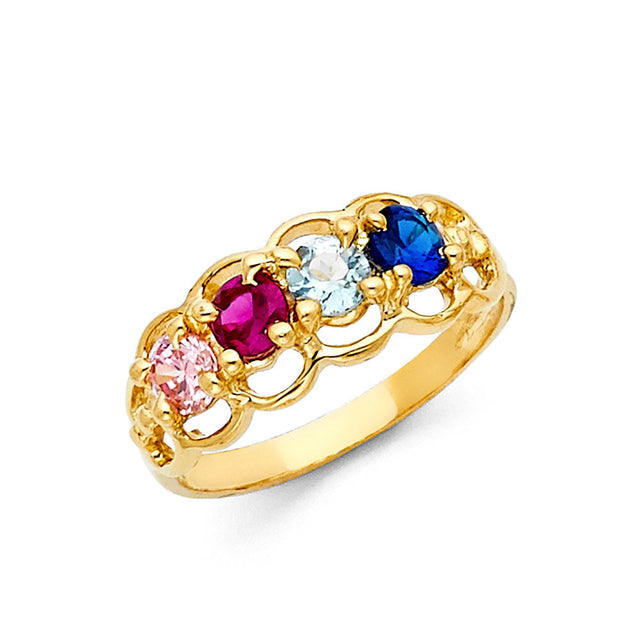 14K Yellow Gold Mother's Three-Stone Scalloped Birthstone Ring on White Background